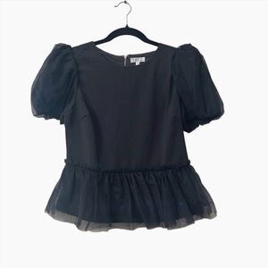 TCEC Mixed Media Peplum Fairy Balloon Short Sleeve Top with Tulle